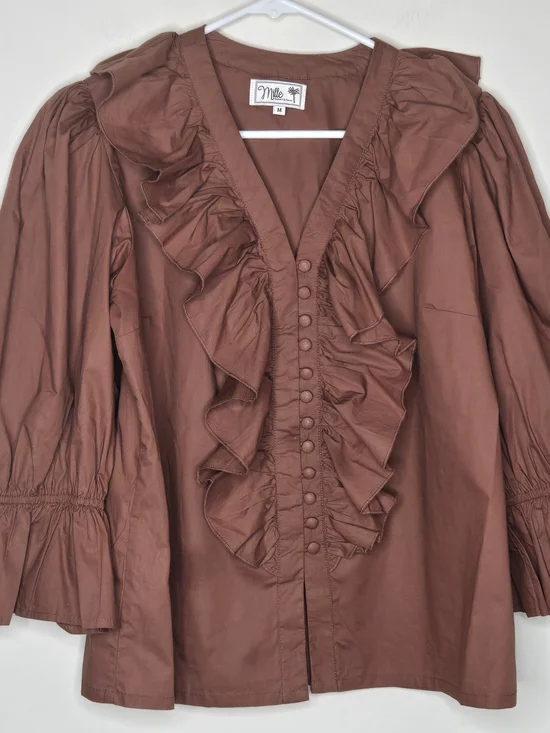 Mille Ruffle Front Puff Sleeve V-neck Romantic Top Brown Blouse - Picture 2 of 8